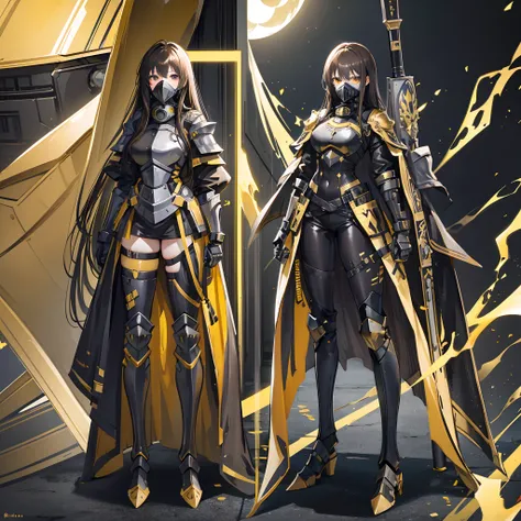 Western female knight in a gas mask，Black and gold armor，Full body like，stand posture，Long brown hair