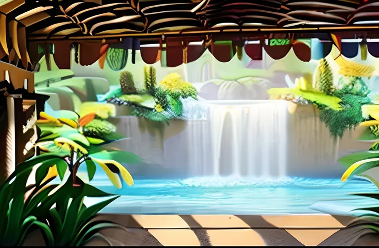 scene of a courtyard with a pool and a waterfall, scenery concept art, overgrowth. by Rembrandt, relaxing concept art, traditional iluminism concept art, a beautiful artwork illustration. high detail, background art, detailed 8k concept art, environment de...