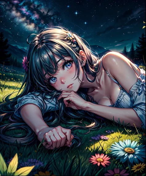 Describe a scene where a cute girl character is lying on a grassy hill, Looking up at the starry sky. Surround her with colorful nebulae and her favorite constellations.