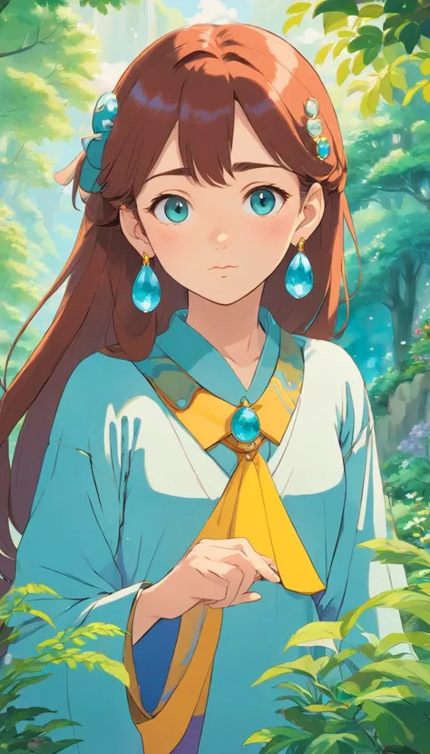 A girl wearing an anime collar, A long necklace and earrings, inthe style of tranquil gardenscapes, colorful animation stills, Masami Teraoka, aquamarine, Paul Gauguin, Amber style, Honest portrayal