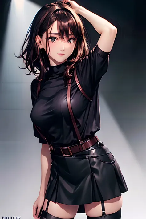 Black skirt, 　suspenders, Brown hair Gray eyes, Garter belt on the legs, Tight black clothes, 　　 a belt　Armpit sweat　　Dark look　Moderately breasts　holster　chain　　poneyTail　Water wetting