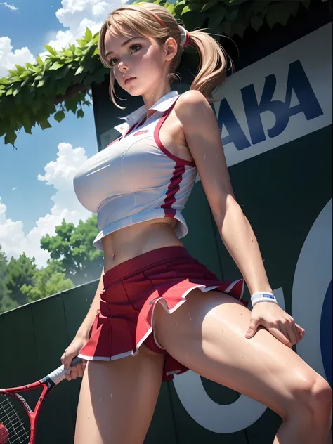 (8K, Raw photo, Best Quality, masutepiece:1.2), (Realistic, Photorealsitic:1.37),1 girl,Beautiful,Powerful, (Solo),A detailed face, Dramatic Angle,
Tennis uniform skirt ,Sports, Look away,Sporty,Wet skin,Sweat,Large breasts,nice legs,Tennis venues,