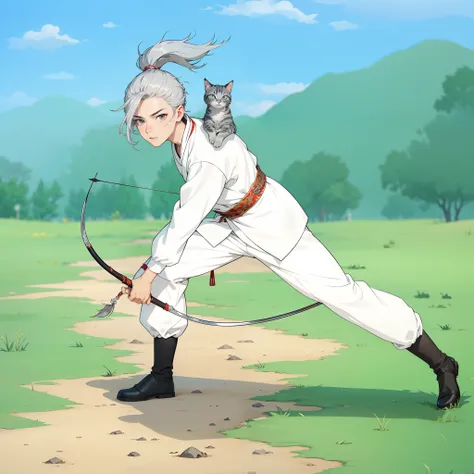 A boy 17 years old with silver hair, wear white wuxia outfit, white pants, wuxia black shoes, chrome hand shield, hold bow in the left hand and arrow in the right hand, theres a little grey cat in his shoulder