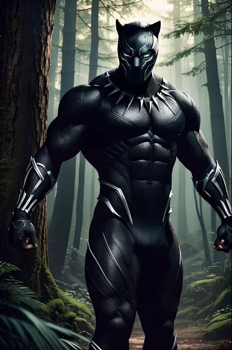 Black Panther marvel ,Bodybuilder, super strong, muscular, ABS,a beautiful forest in the background, 35mm lens, photography, ultra details, HDR, UHD,8K