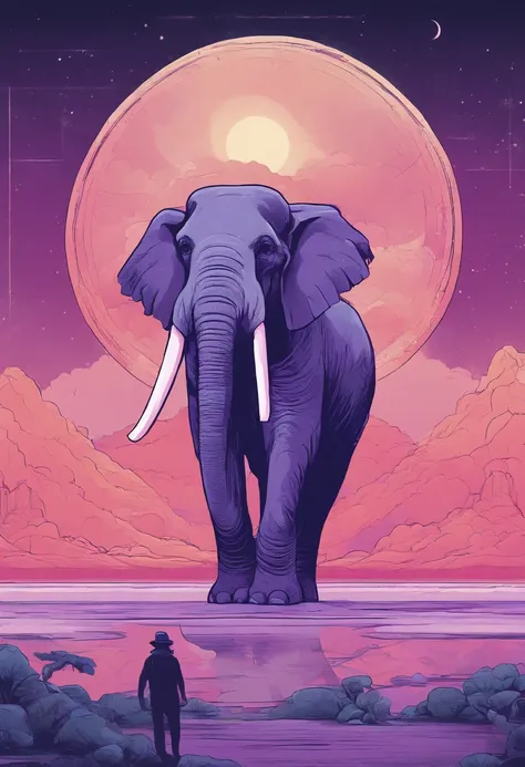 Generate a rectangular image depicting a flat Earth scenario, inspired by the Indian mythology concept. In the image, a majestic purple elephant is seen from the side, with its trunk turned slightly towards us and its tail to the right. The elephants expre...