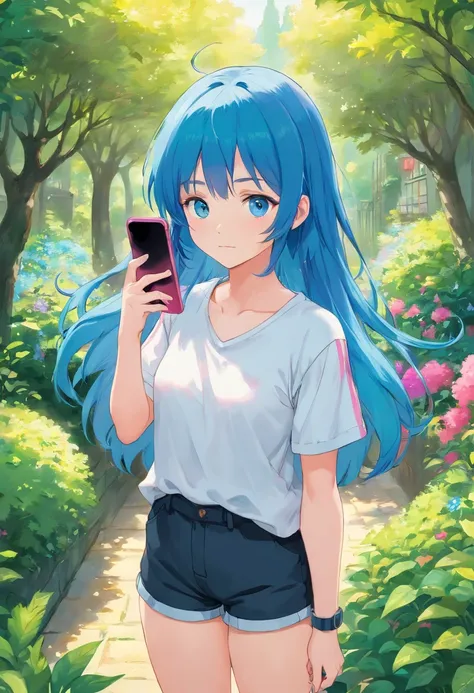 Masterpiece,Eida,  blue hair with pink stripes, hair Bangs, blue eyes, white shirts, black shorts, garden, mainson, holding iPhone 14 pro max,