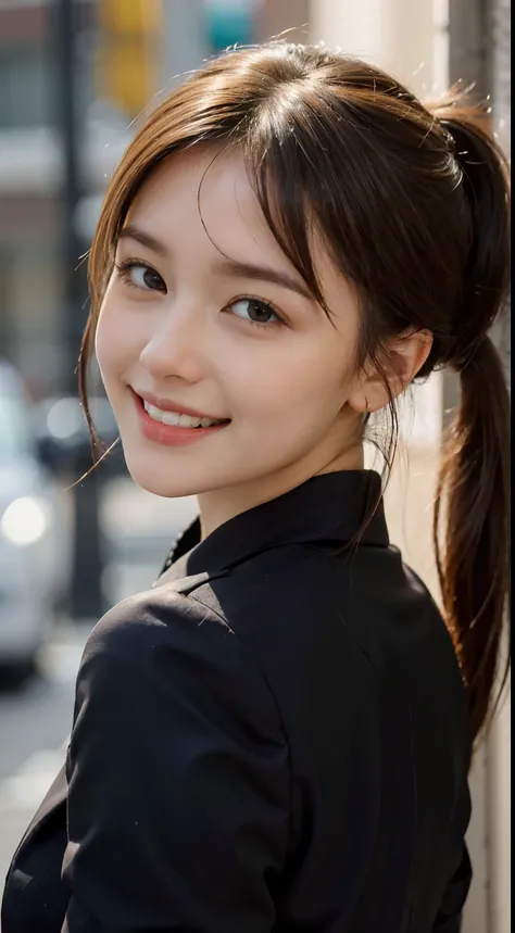 1 pretty girl，white skinned，brown  hair，looking at viewer，pony tail, happy smile, black suit