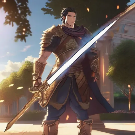 "An imposing paladin wielding a sword imbued with radiant light, emanando poderosa magia de luz. A cena se passa em uma paisagem urbana sombria e misteriosa, Iluminado pelo brilho da espada do paladino. The composition is expertly crafted, with breathtakin...