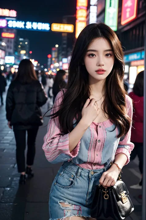 A beautiful city girl with detailed makeup, Stylish clothes, and a high-class sense of fashion, Long straight hair, Bring a stylish handbag, And wear trendy sunglasses, Walk the busy streets of Seoul confidently [urban, modern, vibrant]. Her flawless porce...