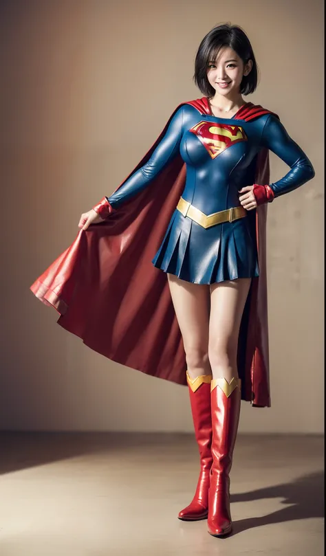 (((Make the most of the original image)))、(((Supergirl Costume)))、(((shiny short hair)))、(((Suffering)))、(((Feet must necessarily be worn with black tights)))、(((Smile)))、(((You need to wear red boots)))、((Top image quality、8K))、((top-quality、8K、​masterpie...