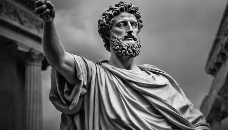 a statue of the stoic Marcus Aurelius in black and white 4K,Face de lado, papel de parede super realista, corpo forte, sem camisa, tronco forte