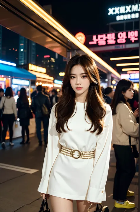 A beautiful city girl with detailed makeup, Stylish clothes, and a high-class sense of fashion, Long straight hair, Bring a stylish handbag, And wear trendy sunglasses, Walk the busy streets of Seoul confidently [urban, modern, vibrant]. Her flawless porce...