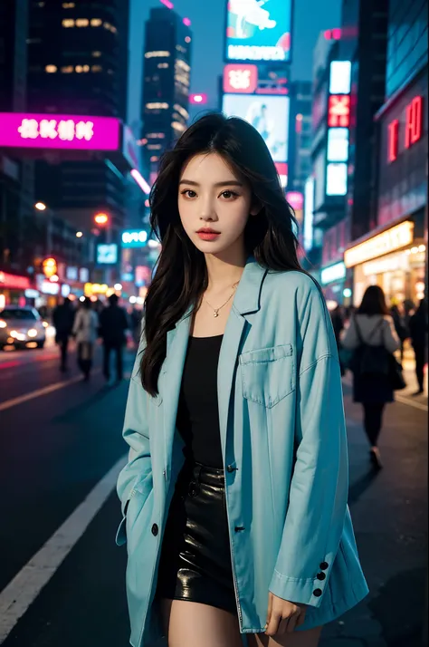 A beautiful city girl with detailed makeup, Stylish clothes, and a high-class sense of fashion, Long straight hair, Bring a stylish handbag, And wear trendy sunglasses, Walk the busy streets of Seoul confidently [urban, modern, vibrant]. Her flawless porce...