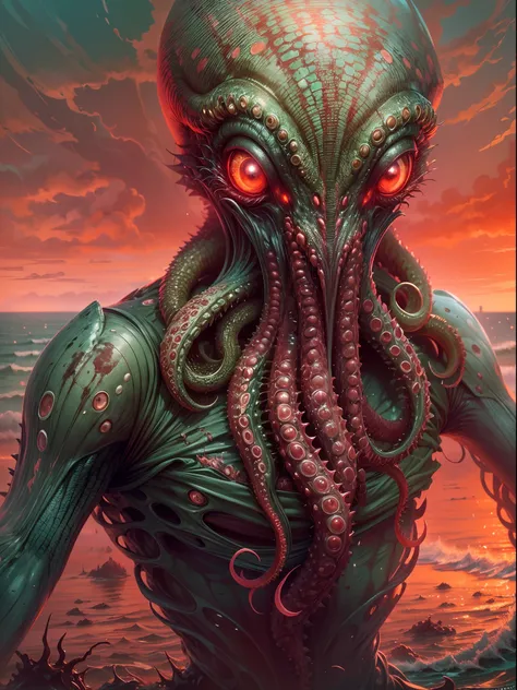 (best quality,highres,ultra-detailed),alien creature portrait,octopus-like,large size,beach landscape,alien green water sea,five glowing eyes,spiky tentacles,colorful scabrous skin,red sky,portrait,horror,concept artists,vivid colors,sharp focus,studio lig...