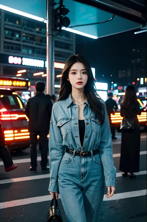 A beautiful city girl with detailed makeup, Stylish clothes, and a high-class sense of fashion, Long straight hair, Bring a stylish handbag, And wear trendy sunglasses, Walk the busy streets of Seoul confidently [urban, modern, vibrant]. Her flawless porce...