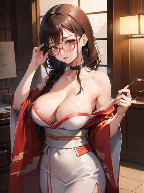 NSFW、1人の女性、brown haired(Curta)、Brown eyes、Black-rimmed glasses、 Best Quality、ultra-detailliert、8K resolution、Raw photo、masutepiece、seductive boobs、gorgeous faces、Perfect body、kimono