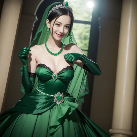 emerald tiara, Green Pearl Necklace, Boyish very short black hair, lipsticks, Japan woman smiling, Long green gloves made of satin material, very short short hair, fist, big breasts beautiful, Short face, Green eyes