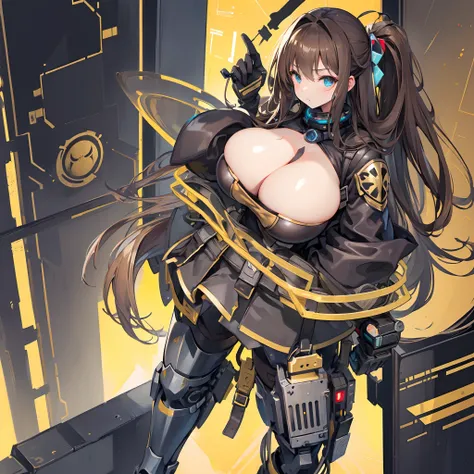 (gigantic cleavage breasts:1.3)，Solo，Western female knight in gas mask，black and golden armor，Full body like，stand posture，Long brown hair