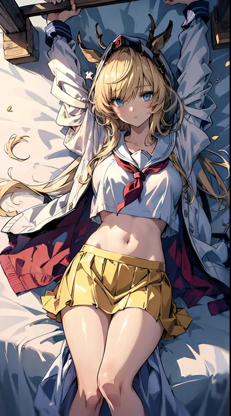 Beautiful illustration、top-quality、Cute little girl s、Bedroom、Golden hair、long whitr hair、(((pleatedskirt)))、(((a sailor suit)))、short- sleeved、a navel、Pull up the skirt，Bare legged、eBlue eyes、on top of the bed、Lovely thighs、glowing thigh