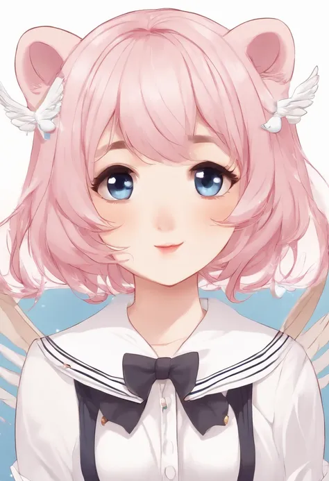 skistyle, 1girl, solo, pink hair, animal ears, blue eyes, wings, looking at viewer, mole, bangs, short hair, bow, sailor collar, simple background, white sailor collar, mole under mouth, hair bow, pink bow, closed mouth, shirt, white shirt, bear ears, bob ...