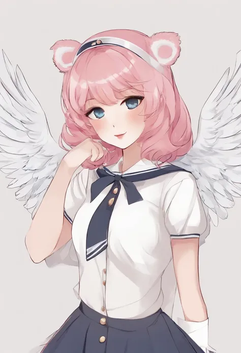 skistyle, 1girl, solo, pink hair, animal ears, blue eyes, wings, looking at viewer, mole, bangs, short hair, bow, sailor collar, simple background, white sailor collar, mole under mouth, hair bow, pink bow, closed mouth, shirt, white shirt, bear ears, bob ...