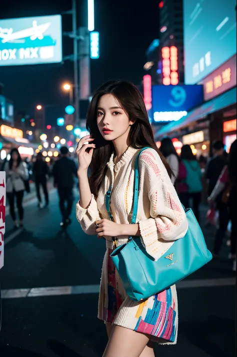 A beautiful city girl with detailed makeup, Stylish clothes, and a high-class sense of fashion, Long straight hair, Bring a stylish handbag, And wear trendy sunglasses, Walk the busy streets of Seoul confidently [urban, modern, vibrant]. Her flawless porce...