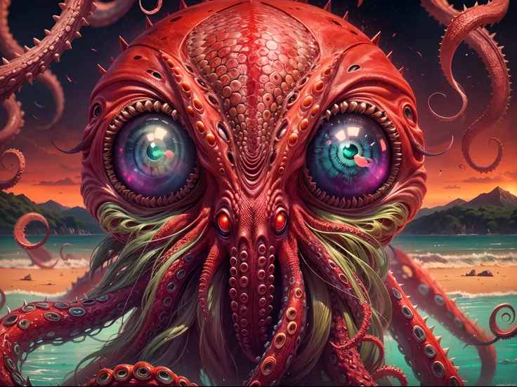 (best quality,highres,ultra-detailed),alien creature portrait,octopus-like,large size,beach landscape,alien green water sea,five glowing eyes,spiky tentacles,colorful scabrous skin,red sky,portrait,horror,concept artists,vivid colors,sharp focus,studio lig...