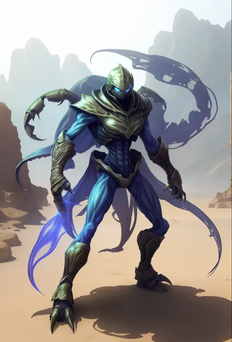 translucent ethereal alien warrior，huge scorpion，arthropods，operate in the desert