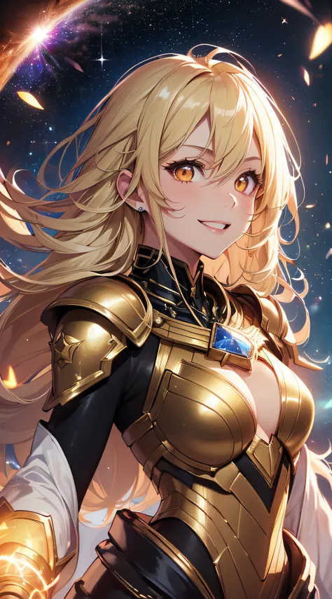 top-quality、Top image quality、​masterpiece、girl with((18year old、Cosmic Metallic Armor、Best Bust、Bust 90、a blond、Semi-long、Glowing eyes、open chest wide、Valley、Happiness、Luminous Chain Accessories、Cosmic Accessories、weightless、fists up、The best smile、Laser ...