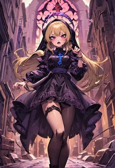 Nun outdoors，the street，view over city，Demon tail， Place your left hand on your chest，venom symbiote，venomize，natta，high-heels，Violet blue clothes，Black and white high heels，Pattern，decor，Golden hair，Brown hair，lewd nun，frilld，Lace trim，Clothing style, Clo...