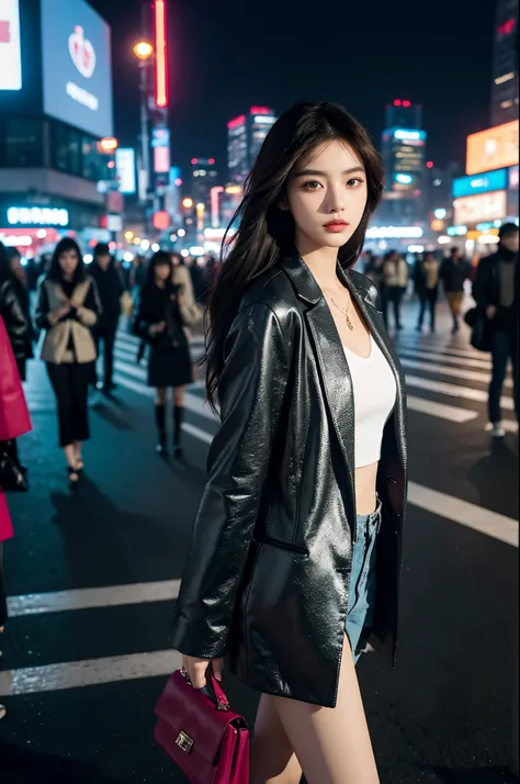 A beautiful city girl with detailed makeup, Stylish clothes, and a high-class sense of fashion, Long straight hair, Bring a stylish handbag, And wear trendy sunglasses, Walk the busy streets of Seoul confidently [urban, modern, vibrant]. Her flawless porce...