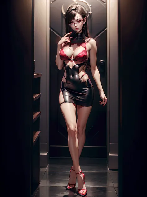 Cyberpunk, sultry, very short see through skirt, lace fabric, red strappy undergarments, Red lace bra, stiletto high heals, black lace thigh high stockings, badass, remove glasses, No eyewear, Delete glasses, brown eyes, breasts poking fabric, Red thong, D...