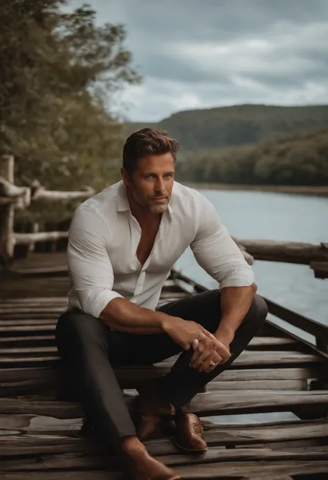 Richard era um homem de 40 anos, Forte e robusto. Tanned skin and very light blue eyes seductive and virile expression. Seus cabelos grisalhos caiam como ondas em seus ombros fortes e nus. Ele estava molhado e nu, sitting on the wooden bridge by a lake wat...