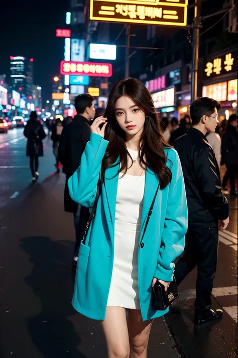 A beautiful city girl with detailed makeup, Stylish clothes, and a high-class sense of fashion, Long straight hair, Bring a stylish handbag, And wear trendy sunglasses, Walk the busy streets of Seoul confidently [urban, modern, vibrant]. Her flawless porce...