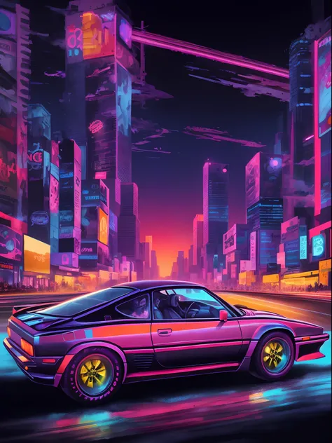 Wear this retro-inspired T-shirt design in the midst of a neon-lit night scene. Imagine that，A stylish 80s sports car traverses the cityscape under neon lights. The futuristic skyline shines with bright colors, Reflective of the shiny surface of the car. E...