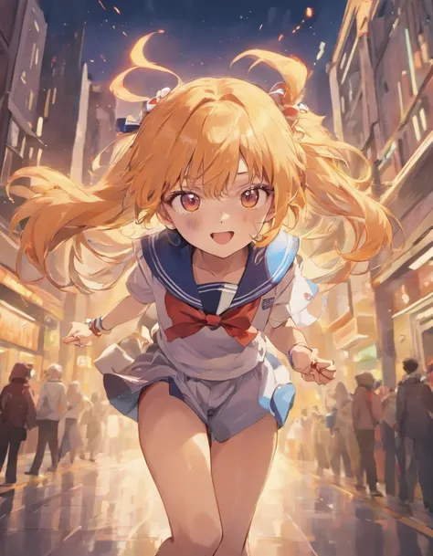 Amber eyes，JK sailor suit，happy grin，The look of running，The city of the future