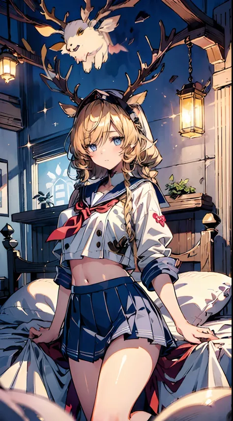 (((8k)))、(((Beautiful illustration)))、(((top-quality)))、Cute little girl s、Bedroom、Golden hair、long whitr hair、(((pleatedskirt)))、(((a sailor suit)))、short- sleeved、a navel、Pull up the skirt，Bare legged、eBlue eyes、on top of the bed、Lovely thighs、glowing th...