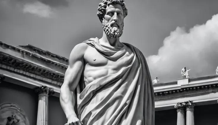 a statue of the stoic Marcus Aurelius in black and white 4K,Face de lado, papel de parede super realista, corpo forte, sem camisa, tronco forte, barriga forte