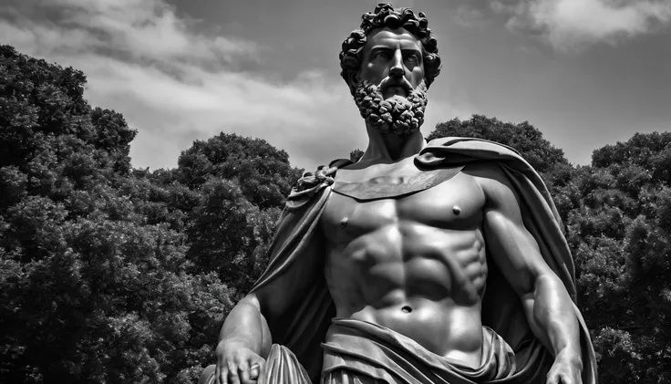 a statue of the stoic Marcus Aurelius in black and white 4K,Face de lado, papel de parede super realista, corpo forte, sem camisa, tronco forte, barriga forte