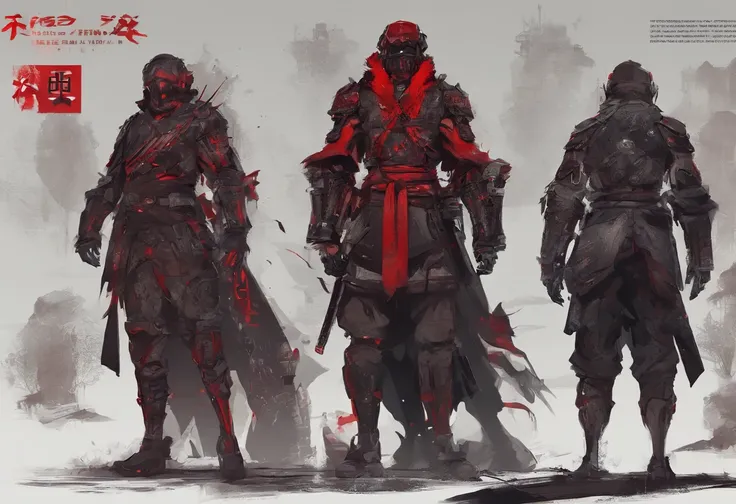 Post-apocalyptic wars, Nero, A desert, survivor, , shadowing, Gloomy atmosphere，Humble clothes，Rough armor，patches，Samurai of Japan，Red armor，Masks，Samurai of Japan，japanese armor，japanses clothes，Wasteland construction