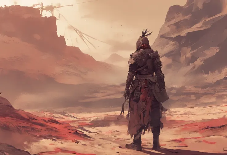 Post-apocalyptic wars, Nero, A desert, survivor, , shadowing, Gloomy atmosphere，Humble clothes，Rough armor，patches，Samurai of Japan，Red armor，Masks，Samurai of Japan，japanese armor，japanses clothes，Wasteland construction