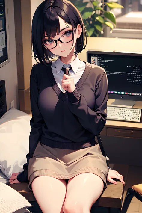 ((Skinny girl)),Bob hairstyle,with glasses on,(dressed in sweater),stockings on the legs,Sexy,Home,(Skinny)17 yr old,(sits at the computer)