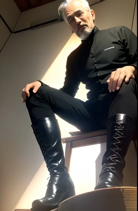 with a goatee，Old gentleman in black riding boots，Show off his boots，The light source is in the upper left corner。