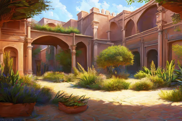 scene of a courtyard, 3 people, tranquil desert, sunlight, glow, scenery concept art, overgrowth. by Renoir , relaxing concept art, traditional classic concept art, a beautiful artwork illustration. high detail, background art, detailed concept art, enviro...