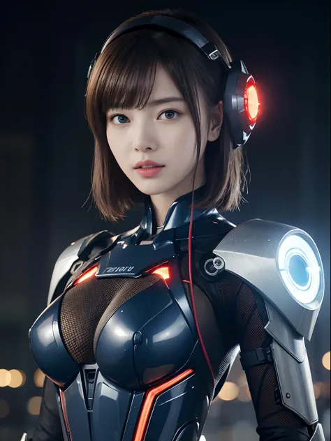 （Fight against mechanical robot soldiers）、top-quality、​masterpiece、超A high resolution、（Wearing a futuristic transparent sun visor）、(Photorealsitic:1.4)、Raw photo、女の子1人、Black hair、glowy skin、((1 Mechanical Girl))、((super realistic details))、portlate、（Small ...