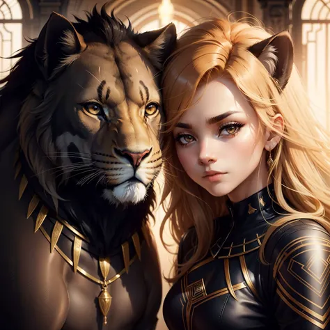 Lion with brave face, Loving a black panther, love, passion,