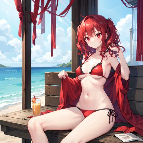 Wavy red hair、red eyes、Beautiful girl alone、Red bikini、sitting on、gravure、