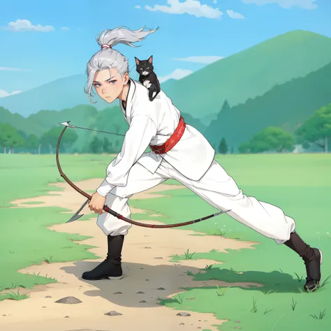 A boy 17 years old with silver hair, wear white wuxia outfit, white pants, wuxia black shoes, chrome hand shield, hold bow in the left hand and arrow in the right hand, theres a little grey cat in his shoulder