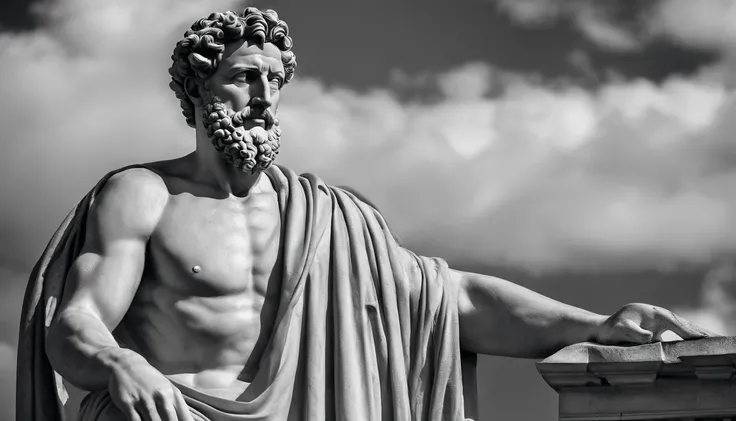 a statue of the stoic Marcus Aurelius in black and white 4K,Face de lado, papel de parede super realista, corpo forte, sem camisa, tronco forte, barriga forte