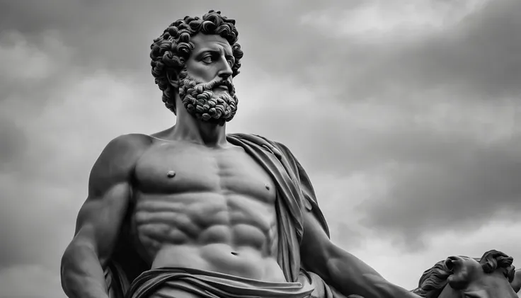 a statue of the stoic Marcus Aurelius in black and white 4K,Face de lado, papel de parede super realista, corpo forte, sem camisa, tronco forte, barriga forte